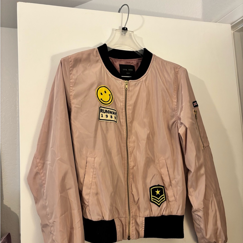 Love Tree Blush Pink Patch Bomber Jacket with Black Trim